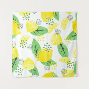 Seamless watercolor lemon pattern with fruits and tapestry