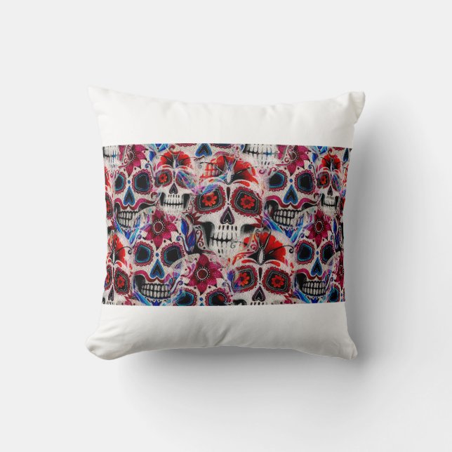 Seamless watercolor pattern of sugar skulls.  throw pillow (Front)