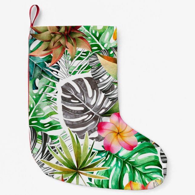 Seamless watercolor pattern of tropical leaves.  small christmas stocking (Front)
