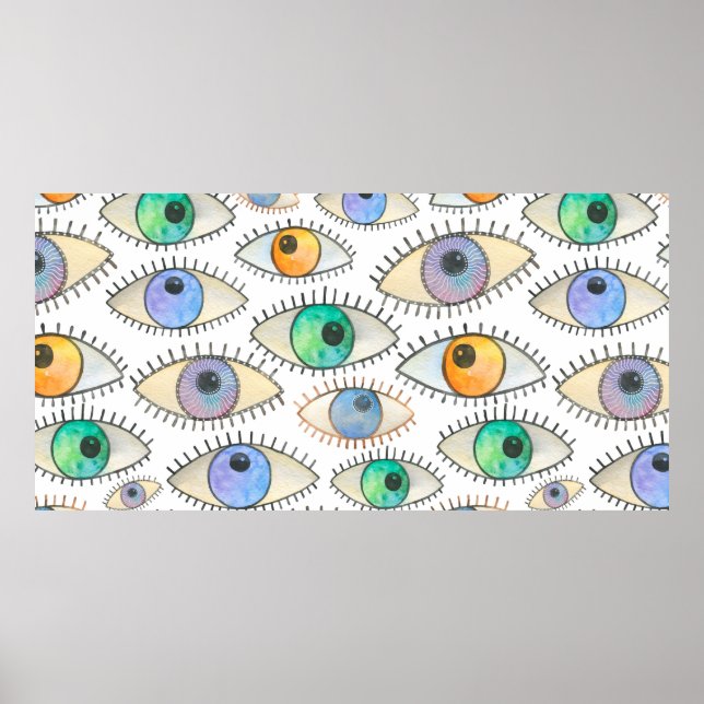 Seamless watercolor pattern of wide open human eye poster (Front)