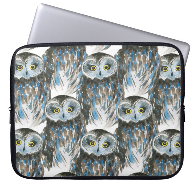 Seamless watercolor pattern with big owl laptop sleeve (Front)