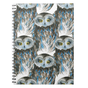Seamless watercolor pattern with big owl notebook