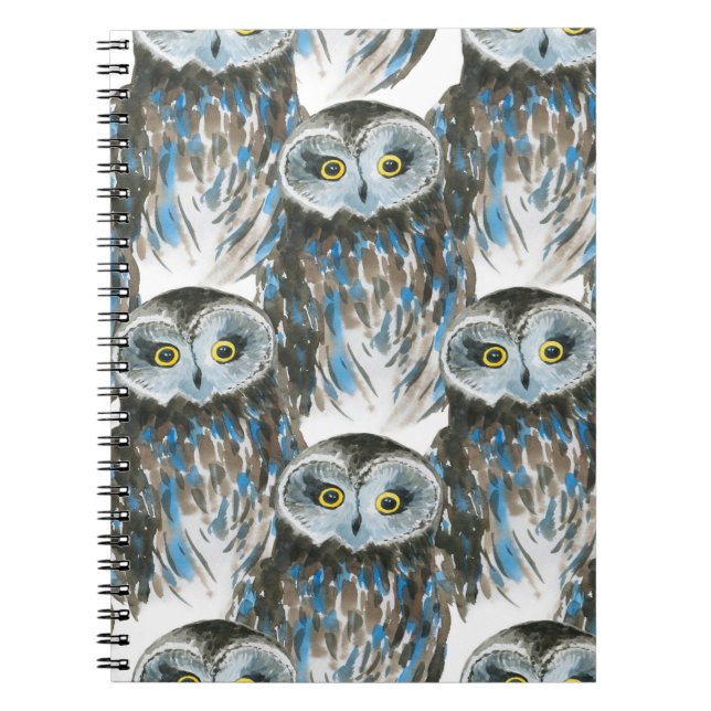Seamless watercolor pattern with big owl notebook (Front)