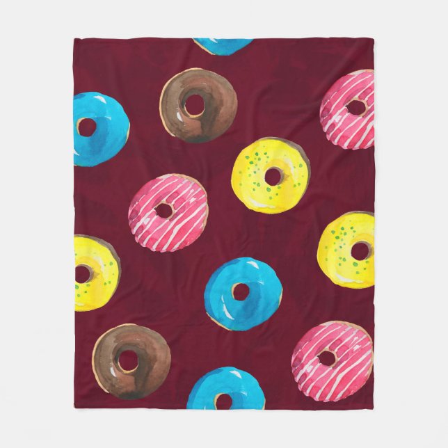Seamless watercolor pattern with doughnuts on ruby fleece blanket (Front)
