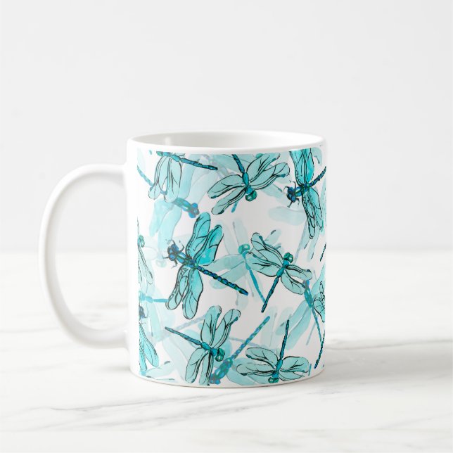 Seamless watercolor pattern with elegant dragonfly coffee mug (Left)