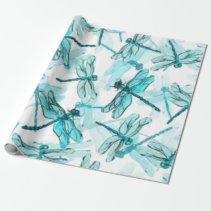 Seamless watercolor pattern with elegant dragonfly wrapping paper