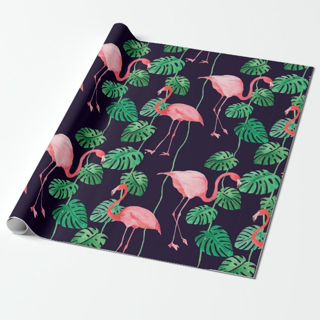 Seamless watercolor pattern with flamingo wrapping paper (Unrolled)