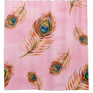 Seamless watercolor pattern with gold peacock feat