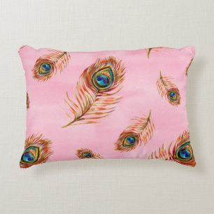 Seamless watercolor pattern with gold peacock feat accent pillow