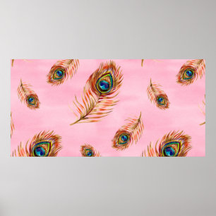 Seamless watercolor pattern with gold peacock feat poster
