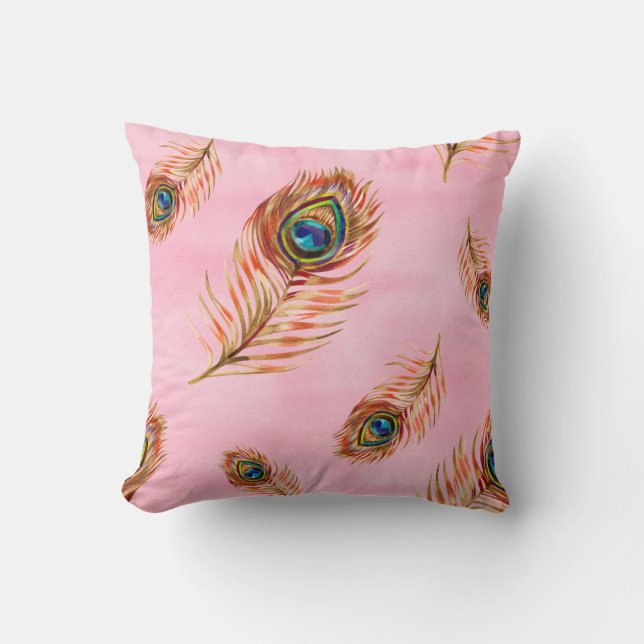 Seamless watercolor pattern with gold peacock feat throw pillow (Front)