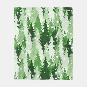 Seamless watercolor pattern with green pine trees  fleece blanket