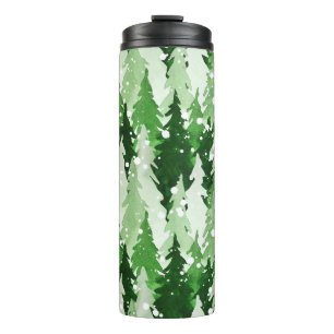 Seamless watercolor pattern with green pine trees  thermal tumbler