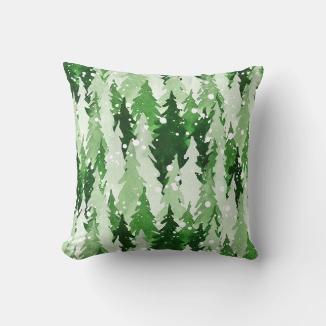 Seamless watercolor pattern with green pine trees  throw pillow (Front)
