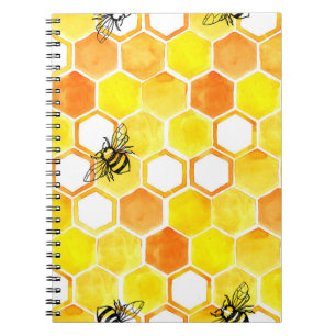 Seamless watercolor pattern with honeycombs and li notebook