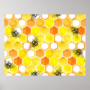 Seamless watercolor pattern with honeycombs and li poster