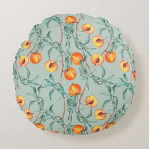 Seamless watercolor pattern with peaches and branc round pillow