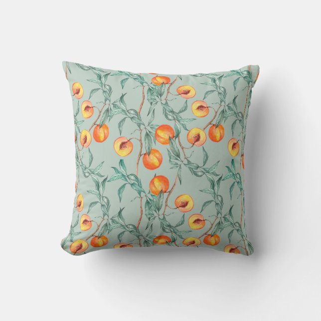 Seamless watercolor pattern with peaches and branc throw pillow (Front)