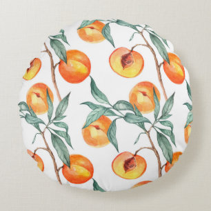 Seamless watercolor pattern with peaches on a whit round pillow