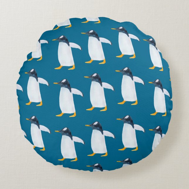 Seamless watercolor pattern with penguin round pillow (Front)
