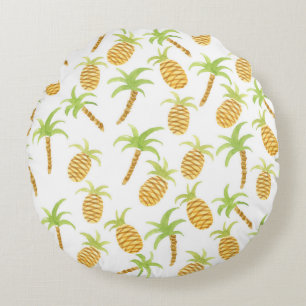 Seamless watercolor pattern with pineapples and pa round pillow