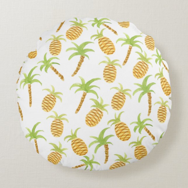 Seamless watercolor pattern with pineapples and pa round pillow (Front)