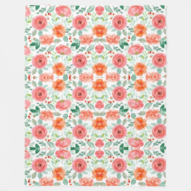 Seamless Watercolor Peach & Pink Floral Pattern Fleece Blanket (Front)