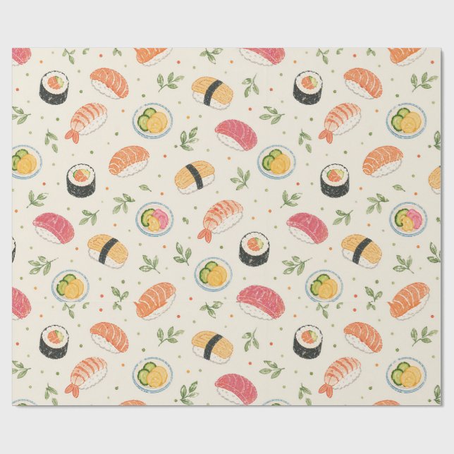 Seamless watercolor sushi pattern with nigiri roll wrapping paper (Flat)