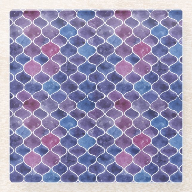 Seamless Watercolor Violet Floral Pattern Glass Coaster (Front)