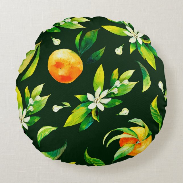 Seamless watercolour citrus fruits and leaves patt round pillow (Front)