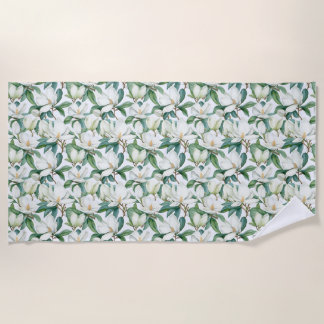 Seamless White Magnolia Flower With Green Leaves Beach Towel
