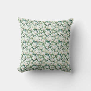 Seamless White Magnolia Flower With Green Leaves Throw Pillow