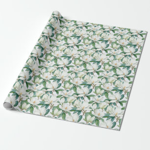 Seamless White Magnolia Flower With Green Leaves Wrapping Paper