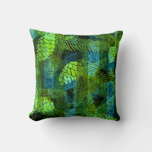Seamless winter Christmas green blue pine cones tr Throw Pillow