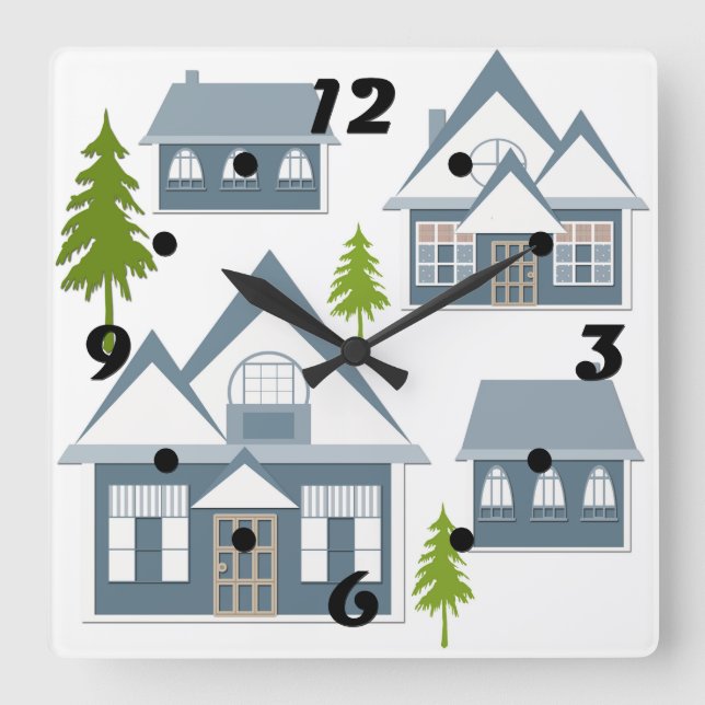 Seamless winter Merry Christmas landscape grey hou Square Wall Clock (Front)