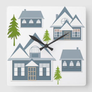 Seamless winter Merry Christmas landscape grey hou Square Wall Clock