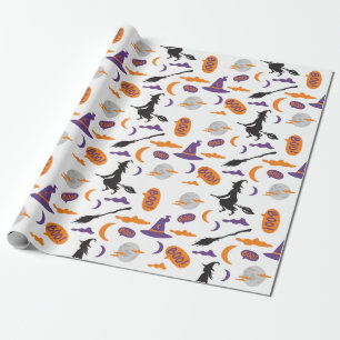Seamless Witch and Broom Wrapping Paper with Moon