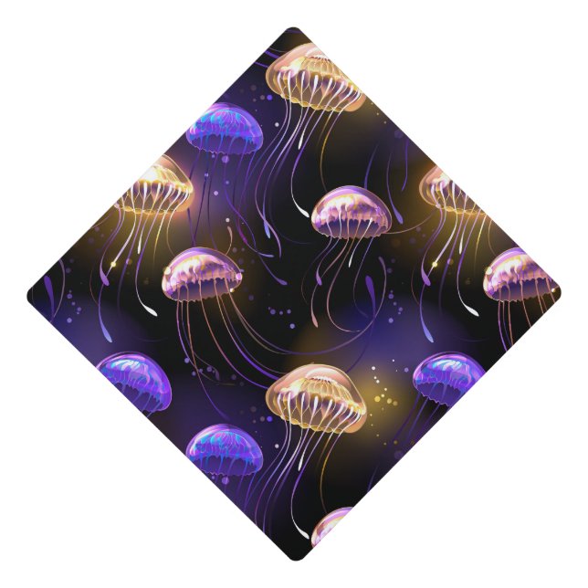 Seamless with glowing jellyfish graduation cap topper (Front)