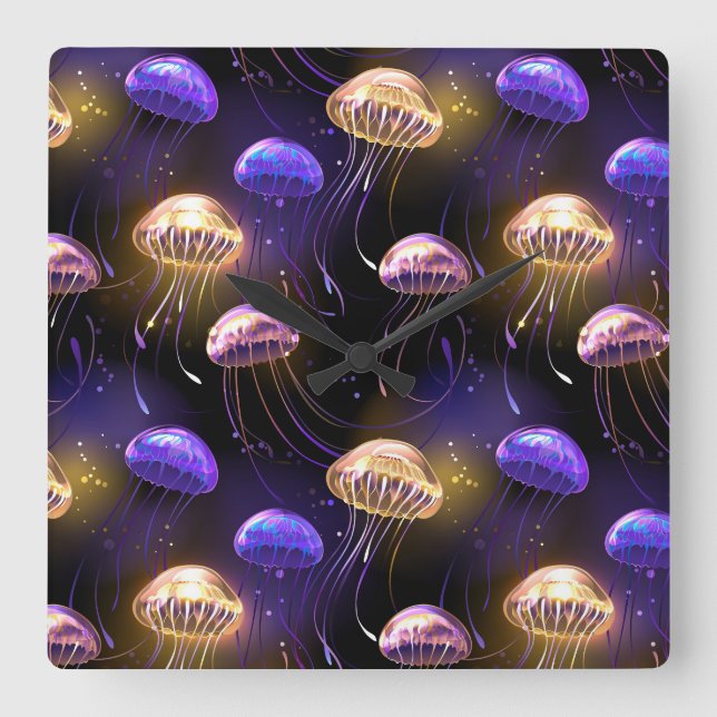 Seamless with glowing jellyfish square wall clock (Front)