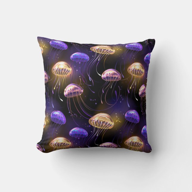 Seamless with glowing jellyfish throw pillow (Front)