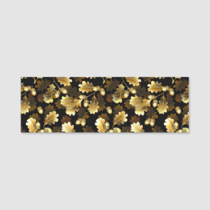 Seamless with golden oak branches on black name tag