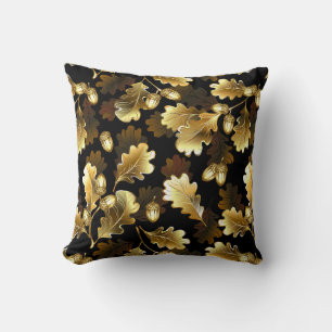 Seamless with golden oak branches on black throw pillow