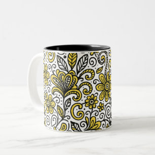 Seamless Yellow and Black Doodle Art Two-Tone Coffee Mug