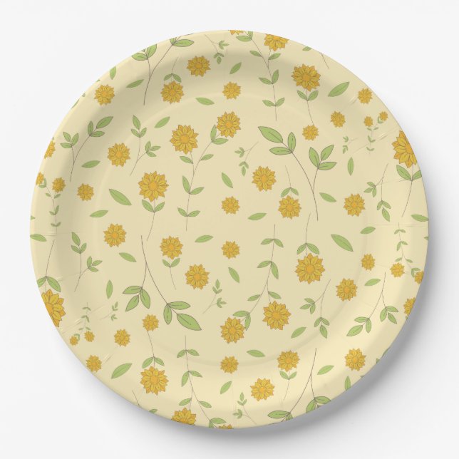 Seamless Yellow Sunflower Botanical Pattern Paper Plate (Front)