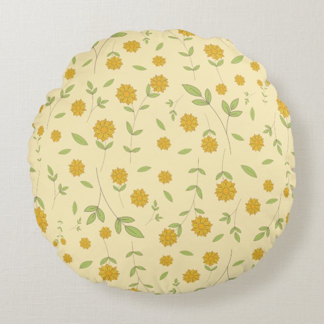 Seamless Yellow Sunflower Botanical Pattern Round Pillow (Front)