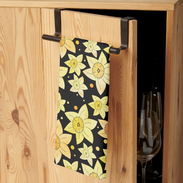 Seamless Yellow Watercolor Daffodil & Dots Pattern Kitchen Towel (Thirds Fold)