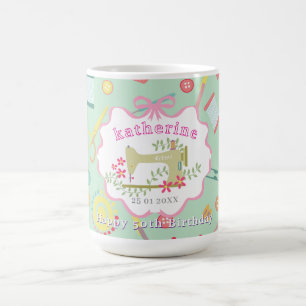 Seamstress 50th Birthday Sewing Machine Teal Pink Coffee Mug