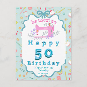 Seamstress Birthday Sewing Machine Blue Postcard