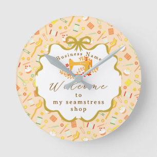 Seamstress Business Sewing Machine Gold Yellow Round Clock