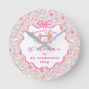 Seamstress Business Sewing Machine Pink  Round Clock